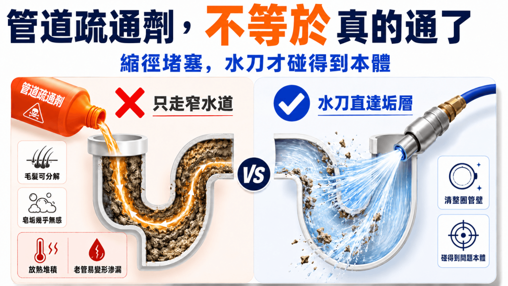 管道疏通劑，不等於真的通了，縮徑堵塞，水刀才碰得到本體