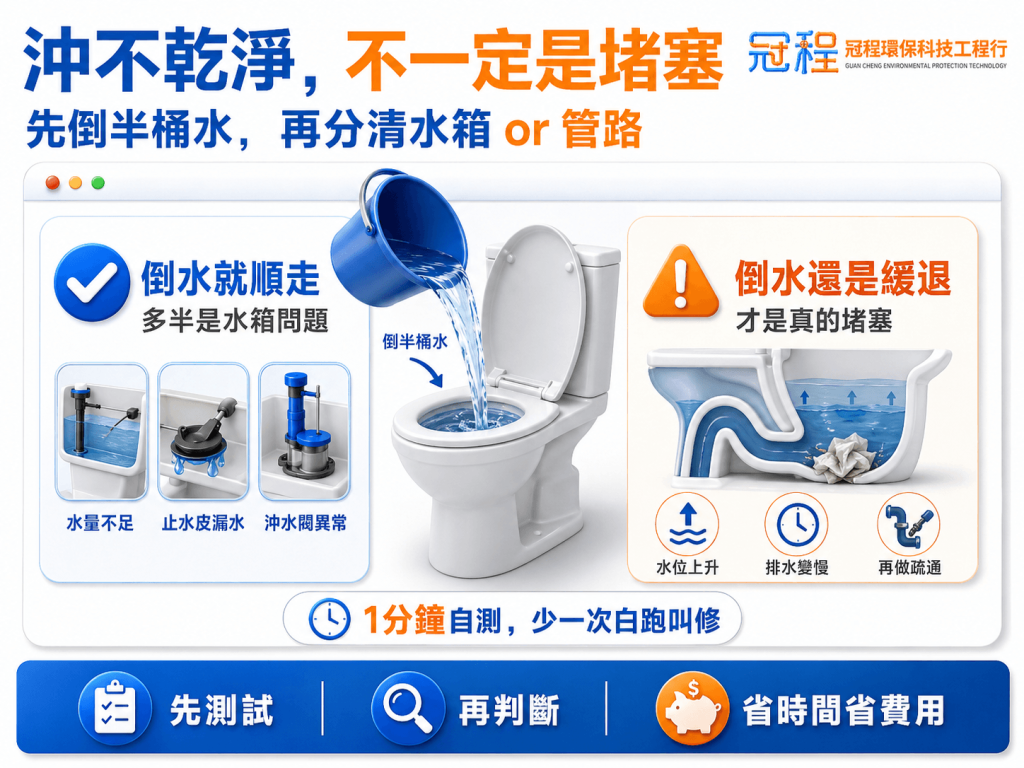 沖不乾淨，不一定是堵塞，先倒半桶水再分清水箱