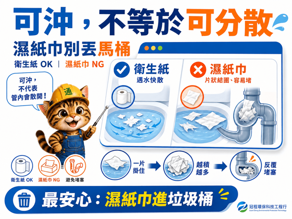 可沖不等於可分散，濕紙巾不要丟馬桶