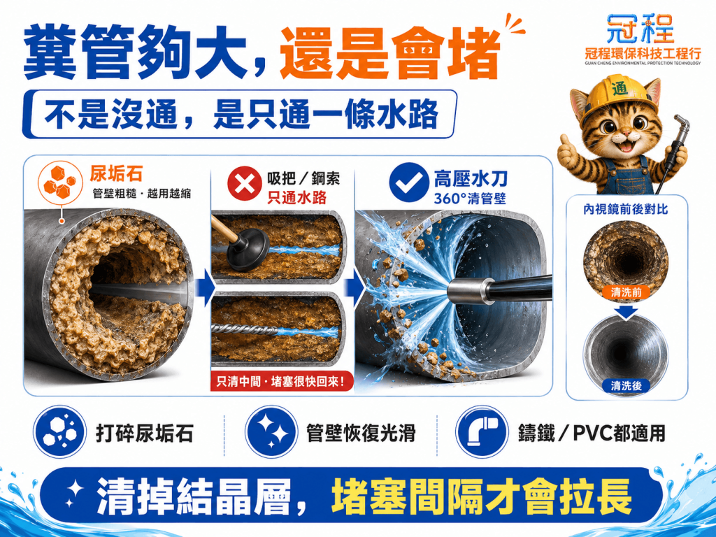 糞管再大，還是會堵，傳統方法只能通一條水路，水刀才能徹底清乾淨