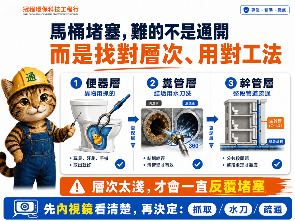 馬桶堵塞，難的不是通管通開，而是要找對層次，用對工法