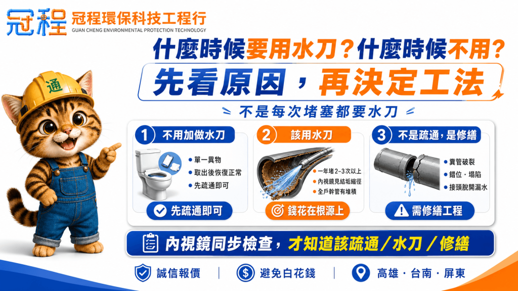 在一年堵超過兩三次、內視鏡照出明顯結垢縮徑、或全戶幹管有堆積的條件下，水刀清洗才是把錢花在根源上
