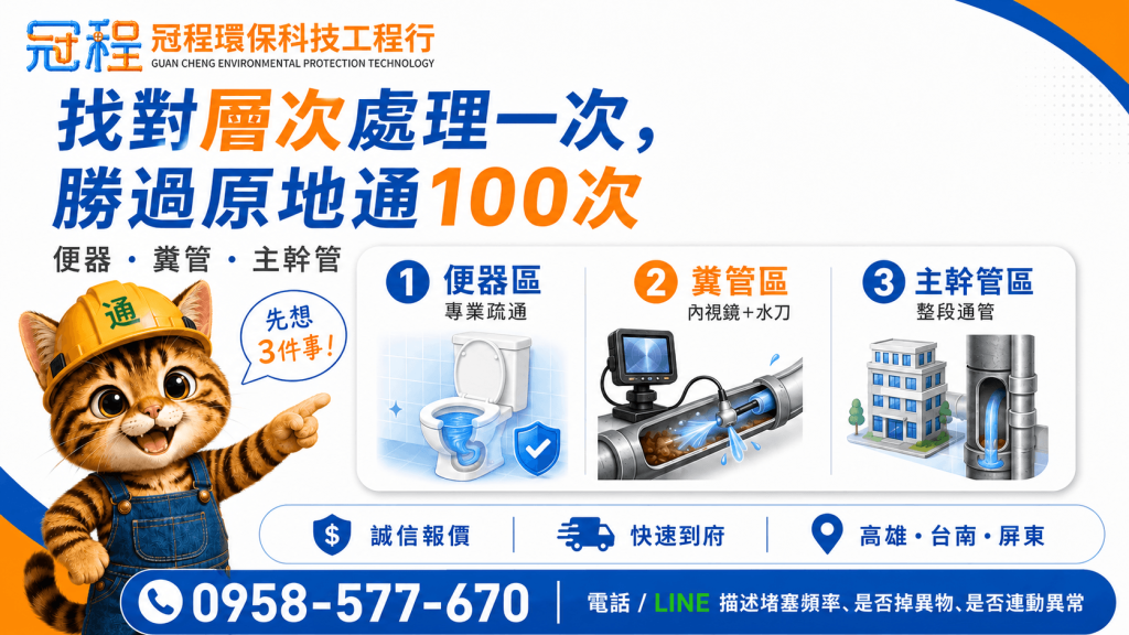 冠程環保科技工程行在高雄、台南、屏東在地經營，馬桶疏通提供快速到府服務